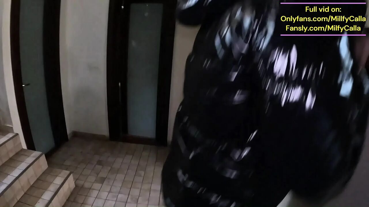 Shiny Downjacket, Jeans and Leotard Stairway