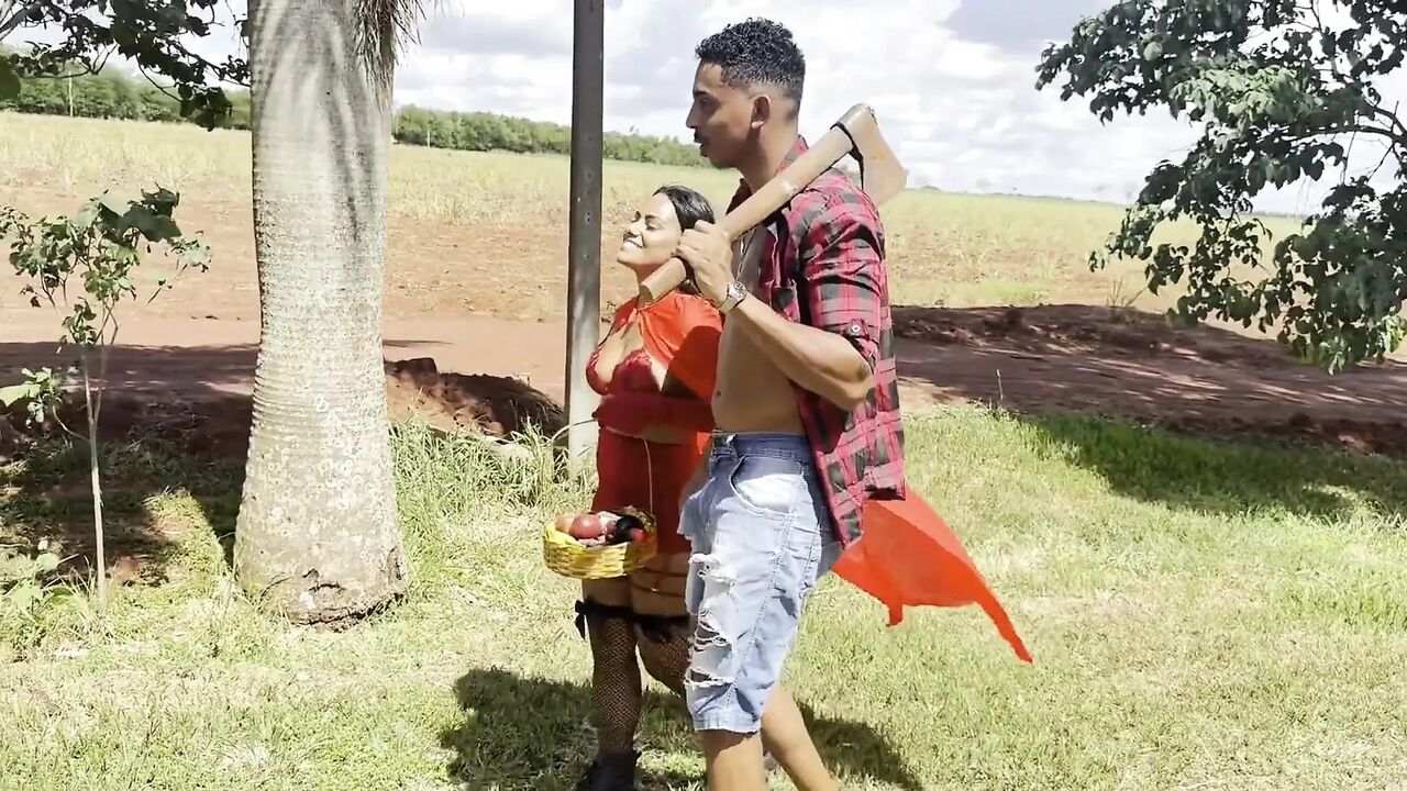 Little Red Riding Hood, the Naughty Girl, Meets a Horny Lumberjack and Shows off Her Pussy in the Middle of the Road.