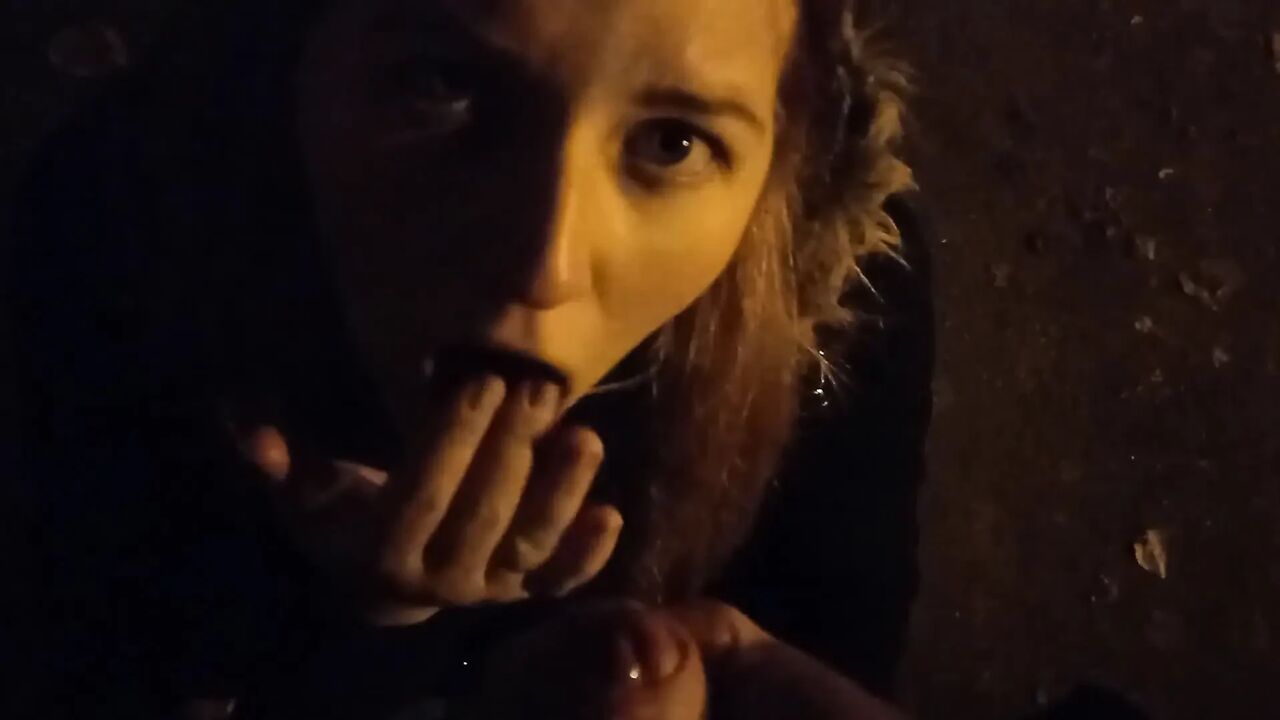 Collegegirl sucked on the street near the house and got cum in her mouth