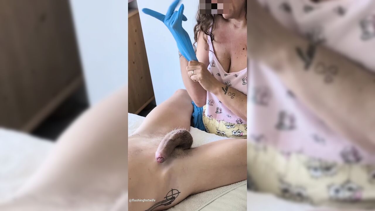 Edging session in vinyl gloves