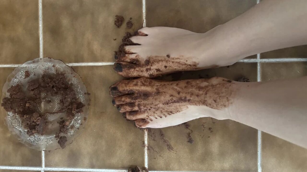 Destroying chocolate cake with my feet