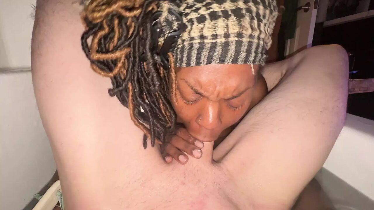 Ebony stepmom sucks white stepsons dick in shower
