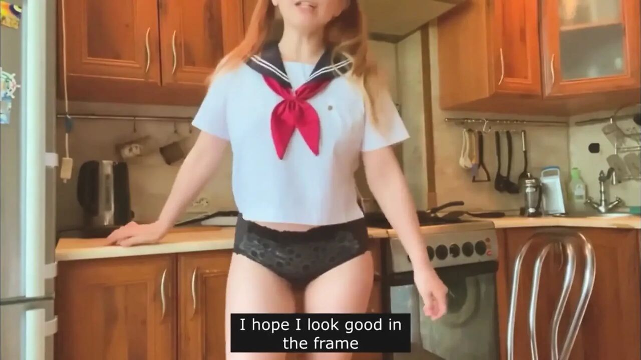 Young Beauty in Japanese College Uniform Masturbates in the Kitchen and Chats with You