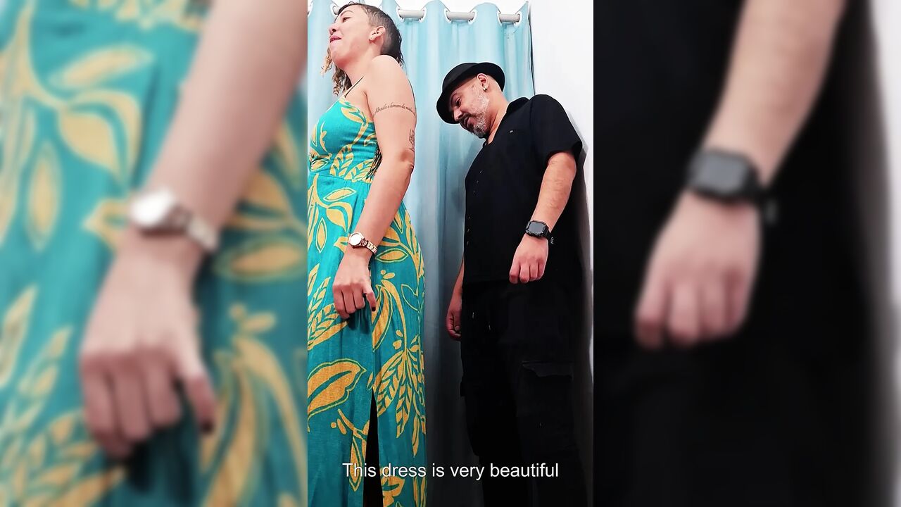 Real sex inside a store fitting room with cumshot on the face.
