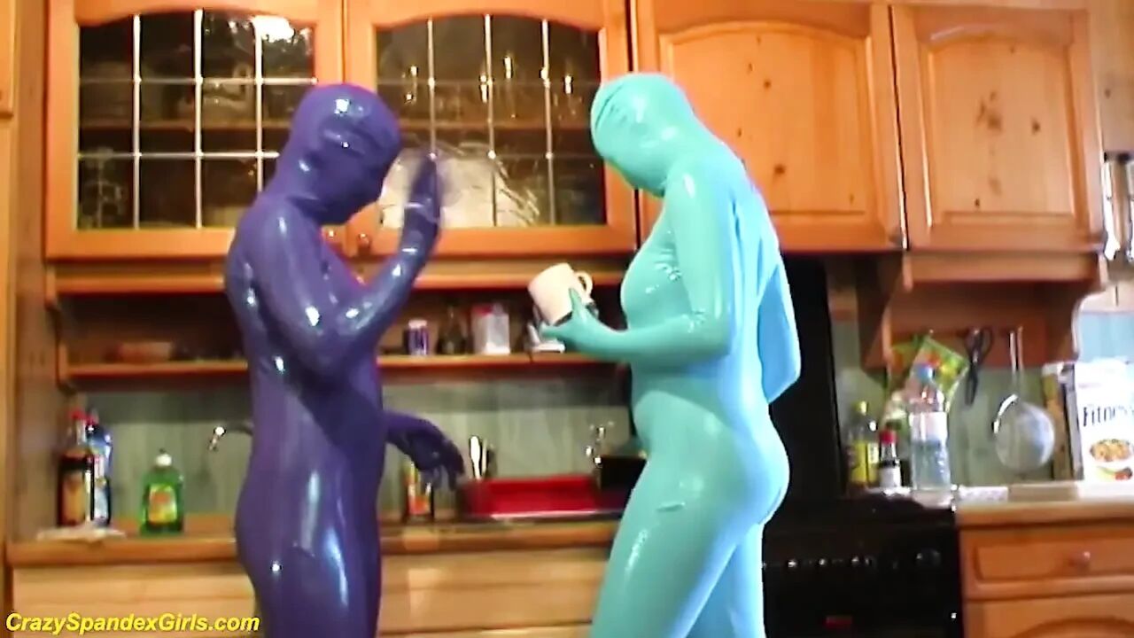 Sexy lesbian real spandex catsuit girls at home
