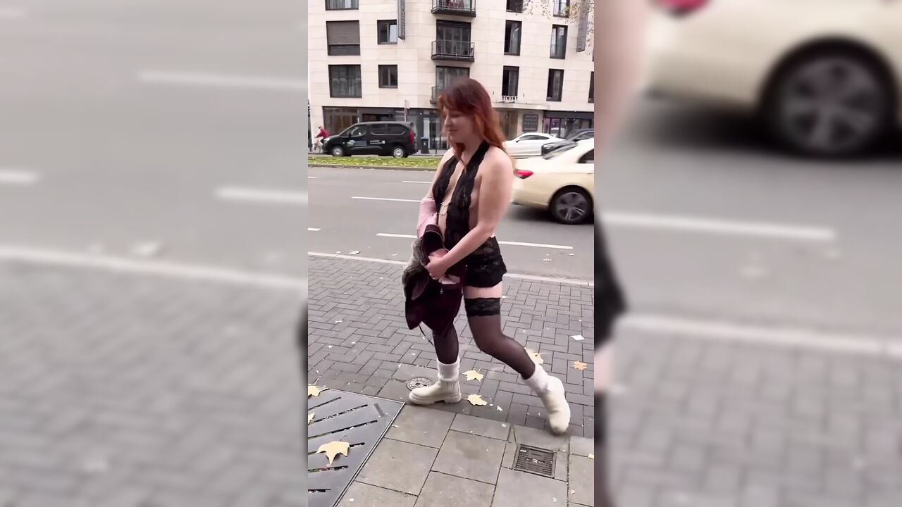 Public Walk and Flashing in Lingerie and Stockings