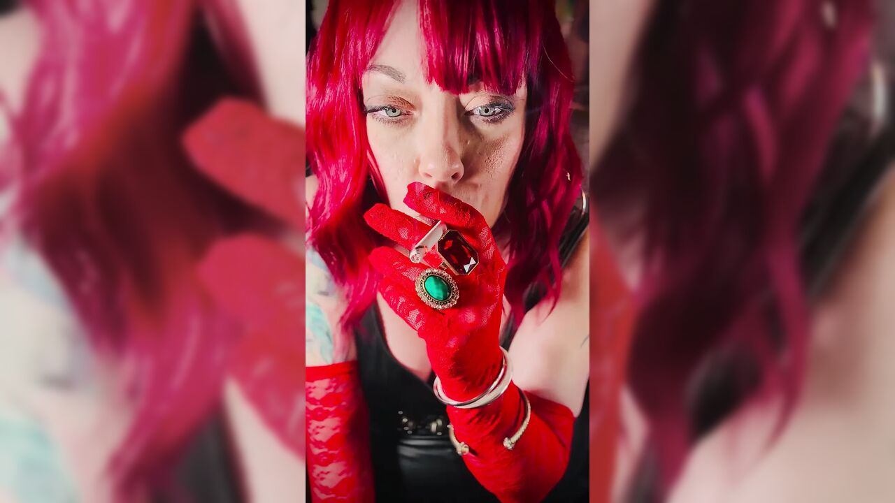 Stunnng Red Haired Cougar Tina Snua Smokes A Cork 100 Cigarette In Red Lace Gloves - Smoking OMI Snap Inhales Nose Exhales