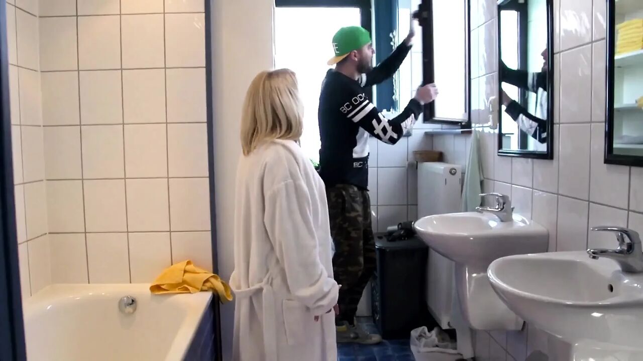 Lucky tattooed MILF fucked hard in the bathroom