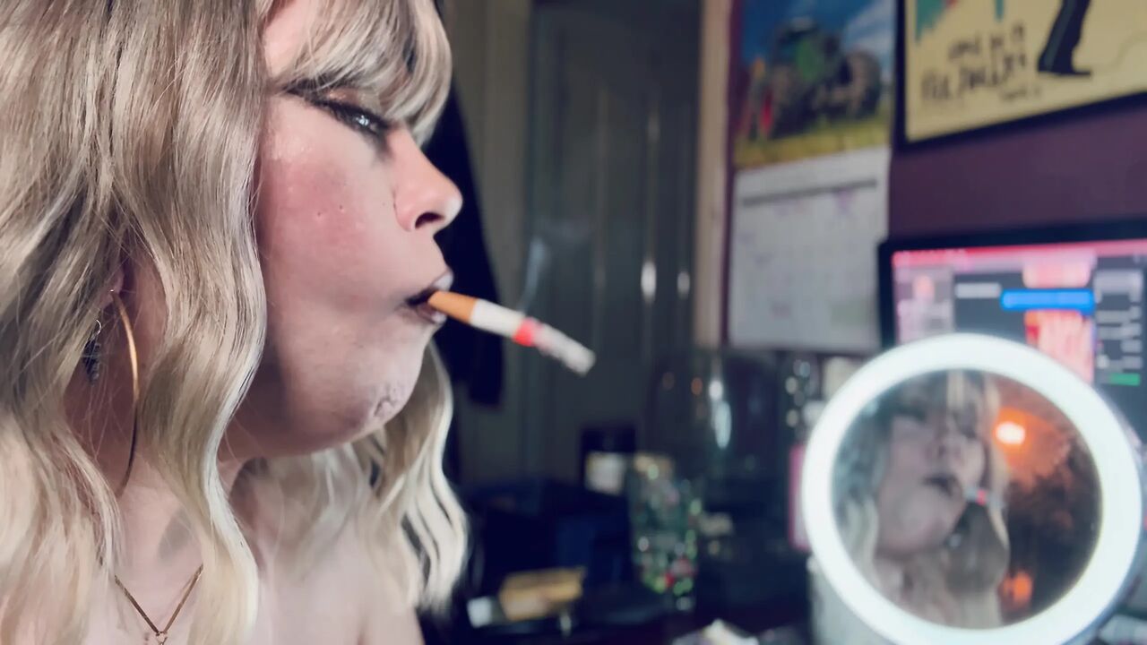 Smoke In The Mirror - Beautiful Blonde Cougar Tina Snua Smoking 1 cigarette With Lots Of Smoke - Smoker
