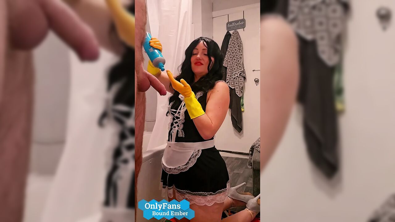 Chubby Milf Maid Bound Ember, gives handjob to hotel guest in rubber gloves then takes a cumshot facial