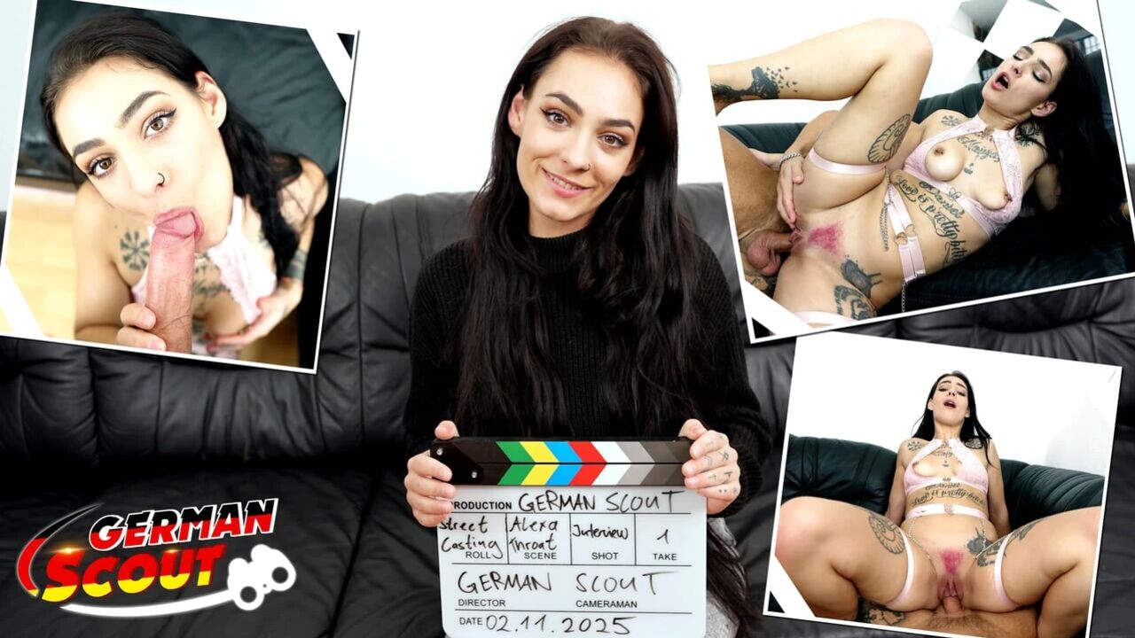 GERMAN SCOUT - Pink Bush and saggy Tits Girl Alexa Throat Pick Up for Casting Fuck