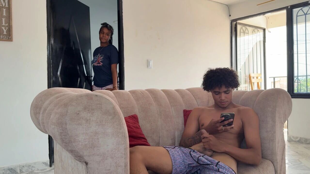 My cute black stepsister is masturbating. I surprise her with my big cock and the craving to give her a delicious fuck.