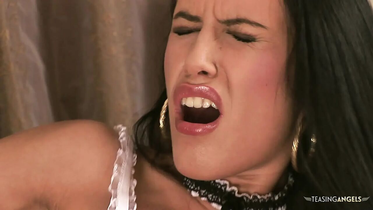 Stunning brunette sex slave makes her master cum by sucking and riding his enormous cock
