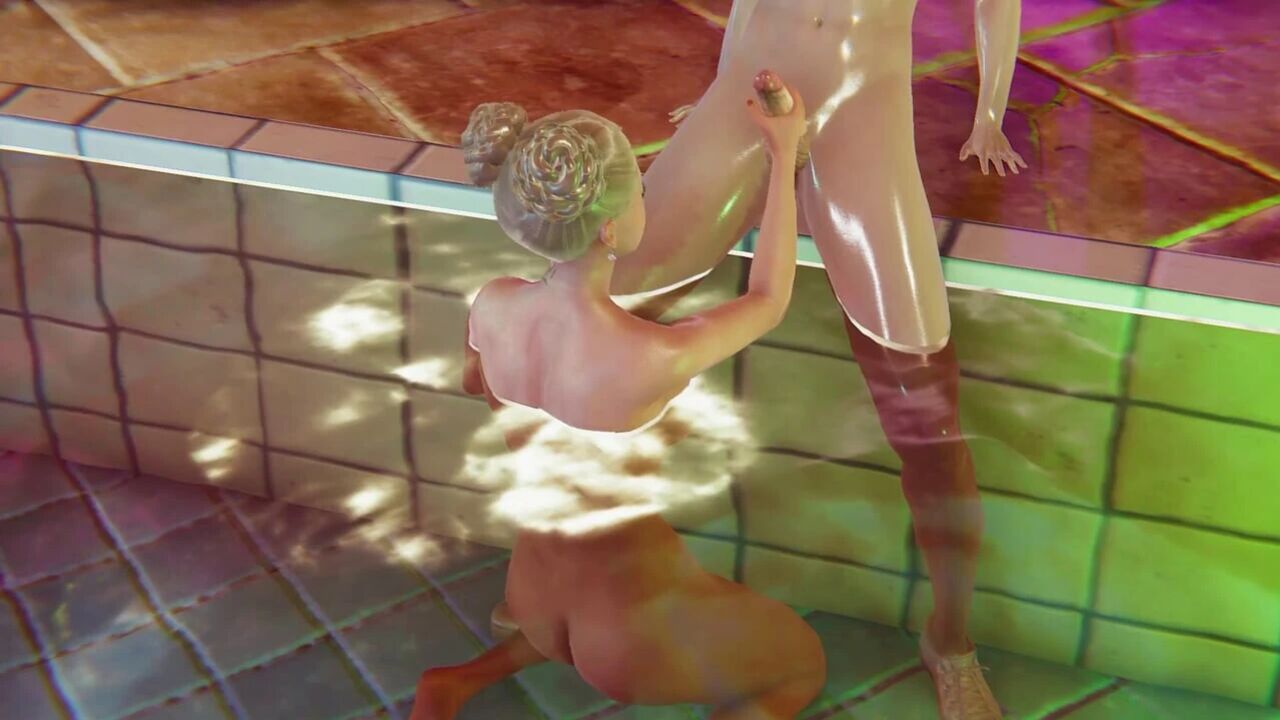 Blonde in Pool 3D Hentai - Exciting Titfuck Service for Big Dick, Water Handjob POV, No Hands Blowjob Concluding with Cumshot