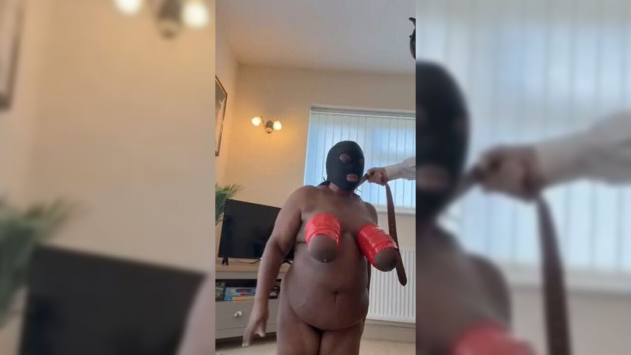Ebony BBW Gimp In Heavy Breast Bondage Gets Dominated By White Dom