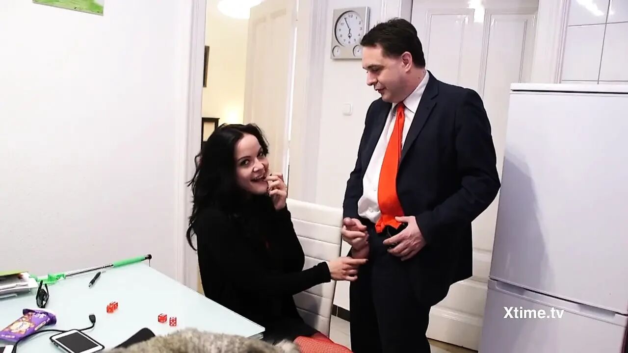 Andrea Diprè and the hot brunette in red who loves to suck lollipop and hard cock