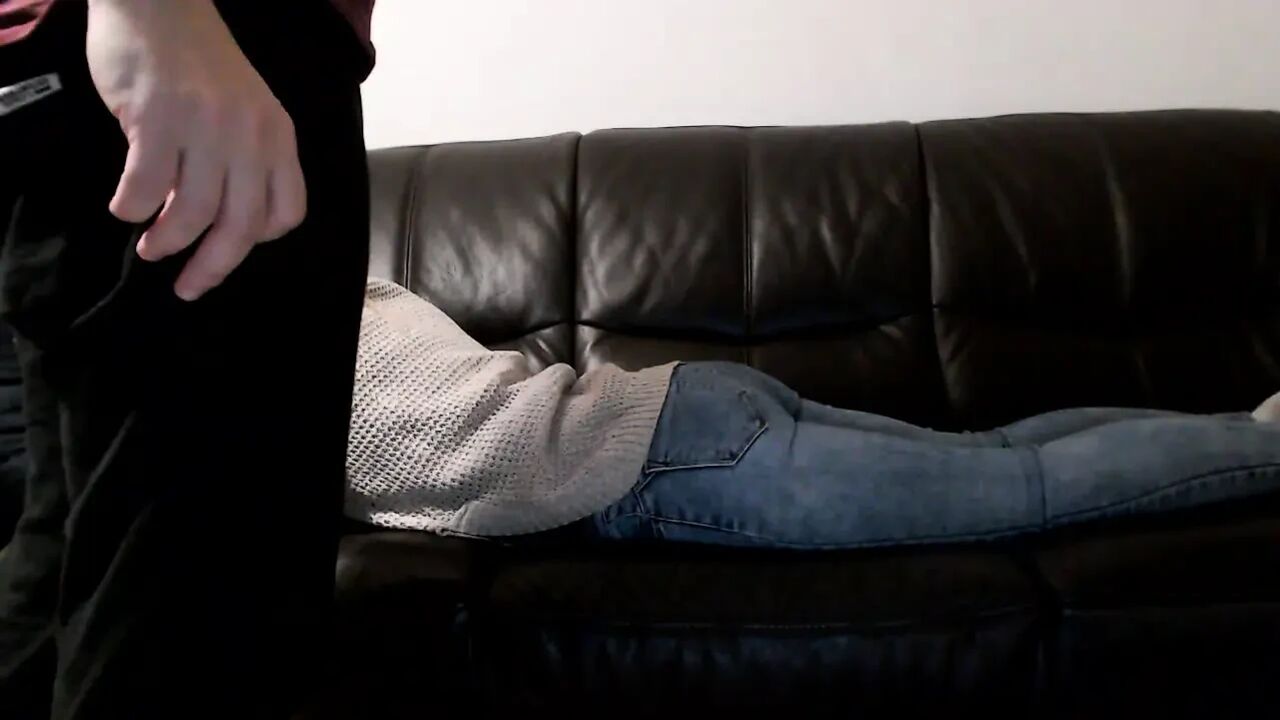 Ass and pussy massage through jeans on couch