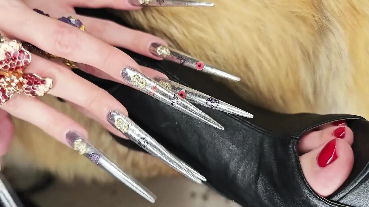 Extremely Long Stiletto Nails and Leather Boots Worship