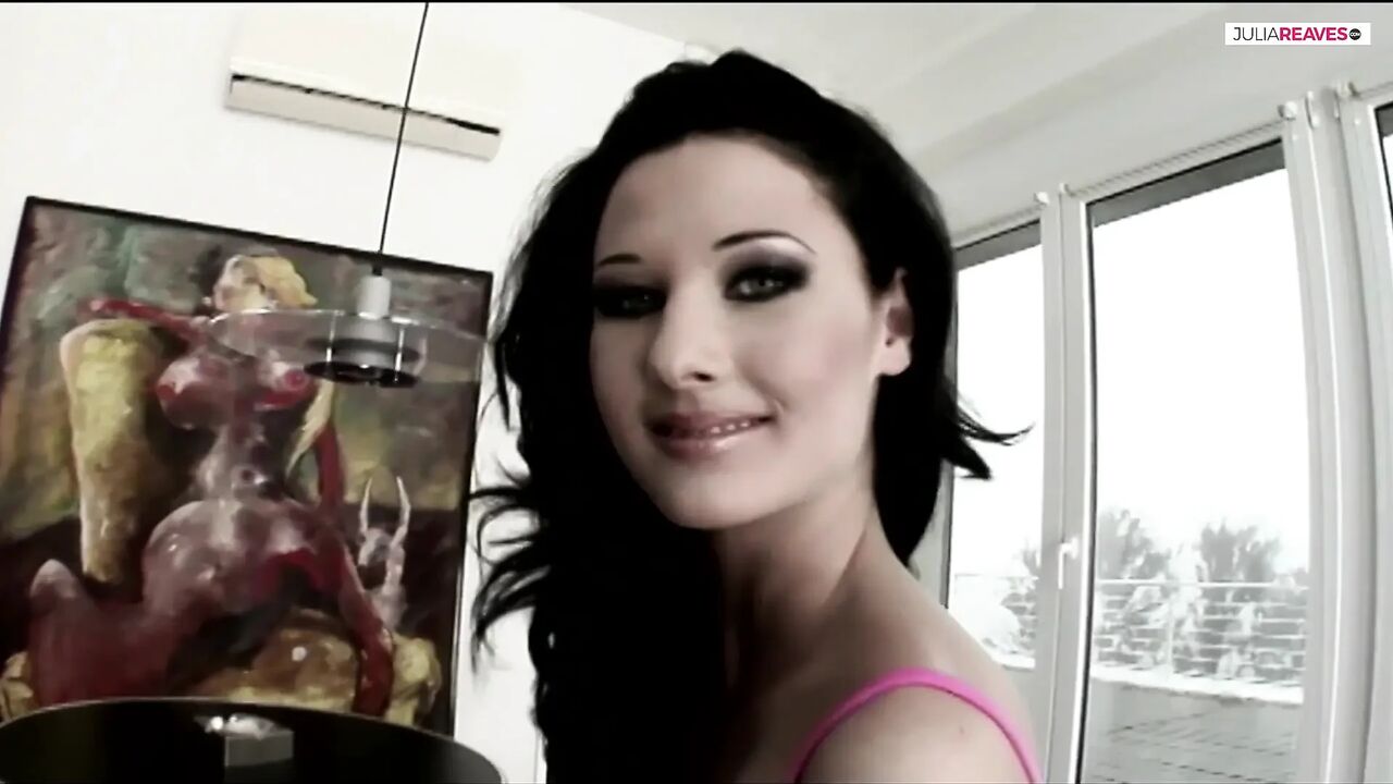 Sexy babe gags on two monster dicks then gets a hard fuck on her tight ass