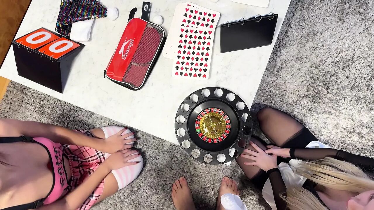 Two girls one guy handjob challenge party for Christmas with presents and roulette spinning