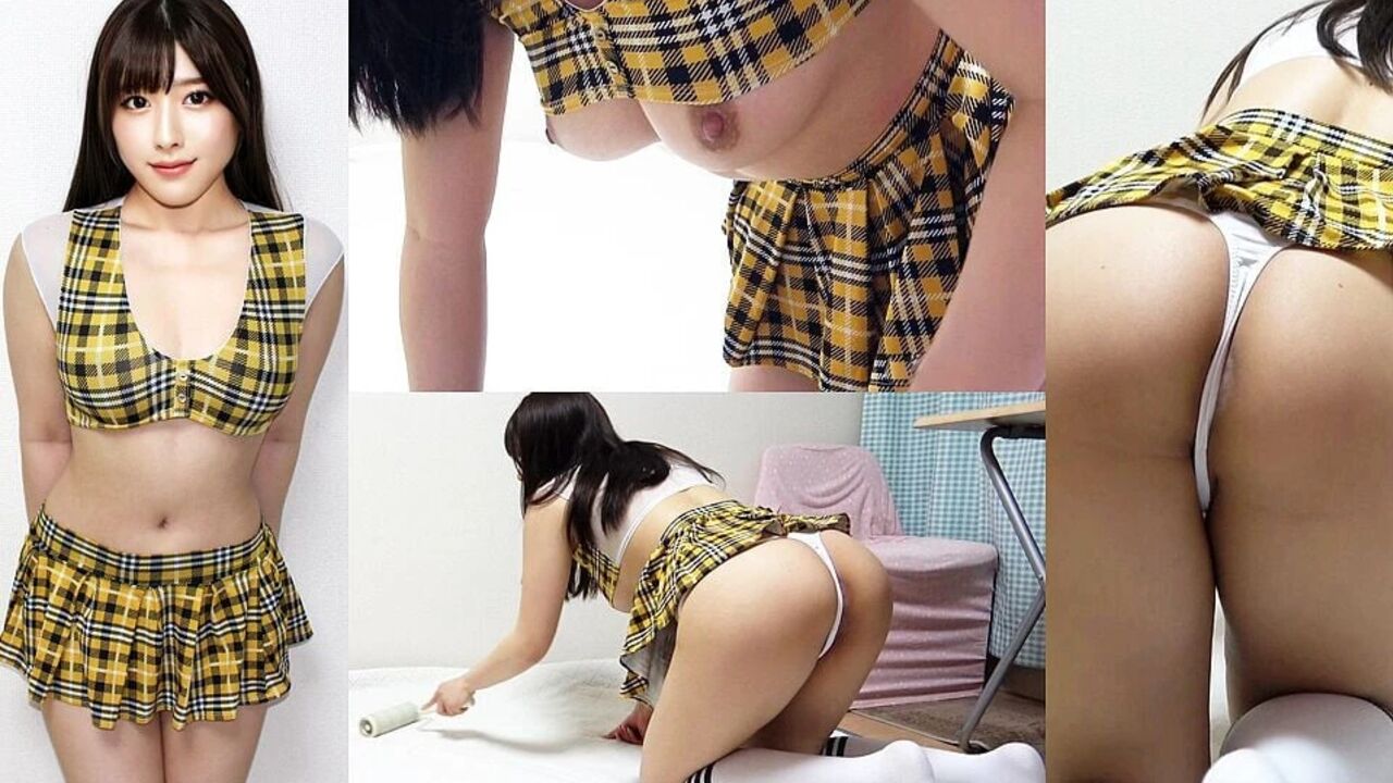 Girls-only Apartment in Japan a Room Where Busty Girl in Too-small Miniskirt Uniform and Thong Panties Is Cleaning Apartment