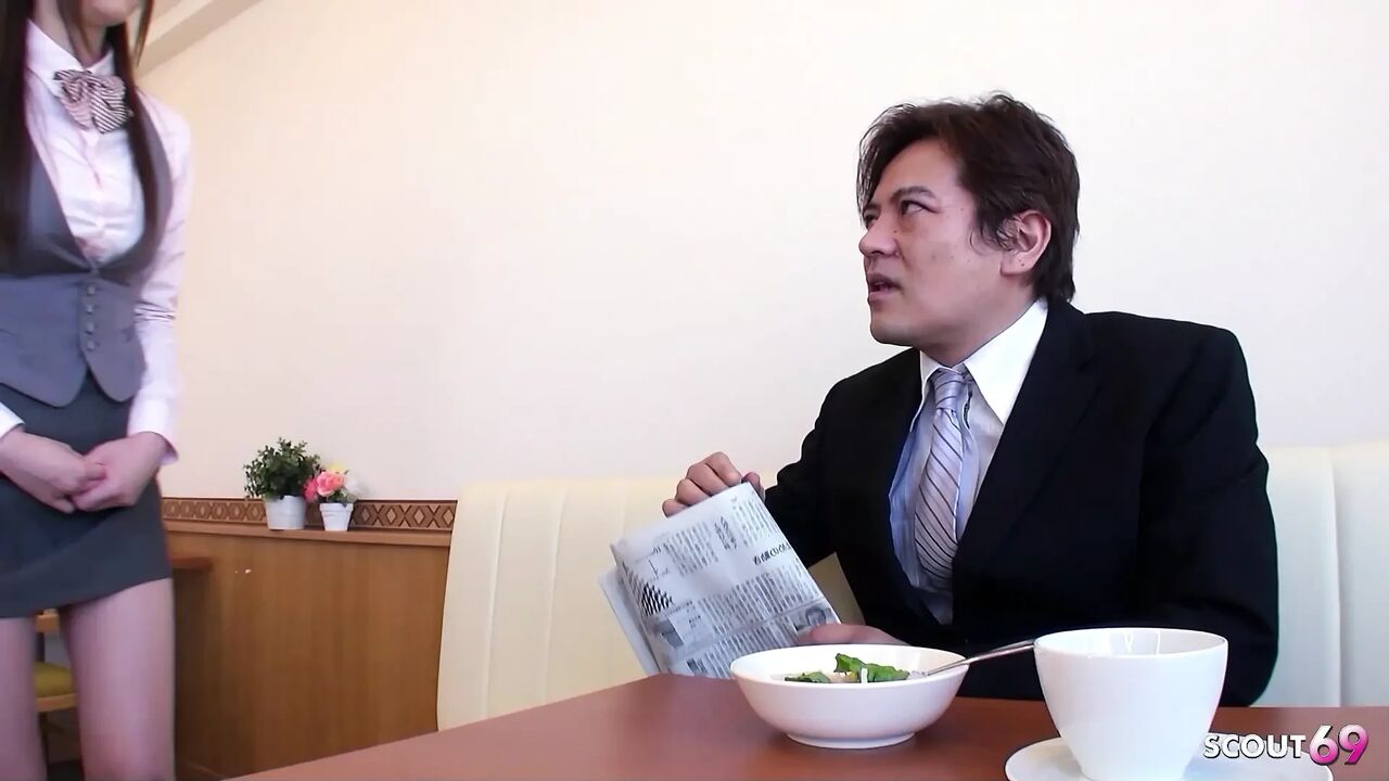 Old Guy seduce slim Japanese Teen with perfect Tits to Uncensored JAV Creampie Fuck on table at Work