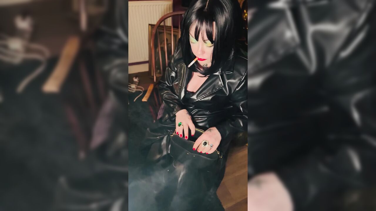 Head To Toe In Leather Miss Tina Snua Smokes A Cork Cigarette For Her Fan - Smoking Smoker BBW Cougar