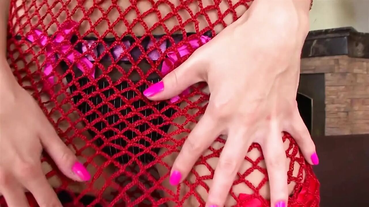Redhead teen in sexy black fishnets gets her both holes filled