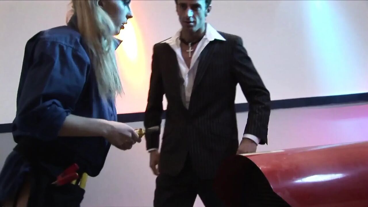 Blonde bitch in stockings likes sex by the car and then on the couch