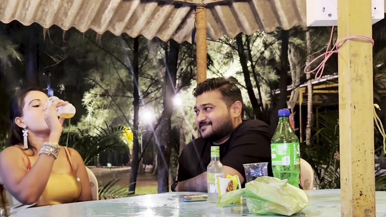 The guy is walking the girl around the garden and asking her to fuck him