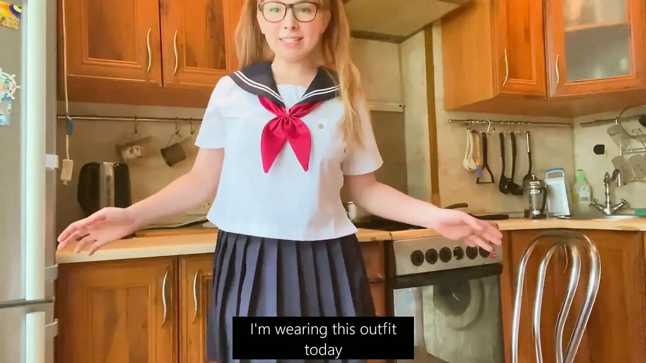 Cosplay in Japanese College Uniform, Girl Masturbates and Cums in the Kitchen