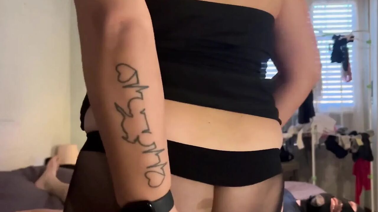 Striptease and Pantyhose Change. Hard Fucking in Ripped Dark Pantyhose