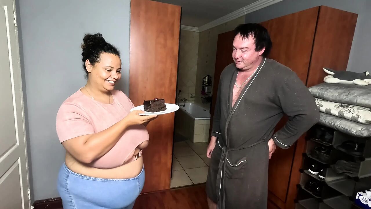 Getting messy as I am getting fucked doggystyle while eating cake