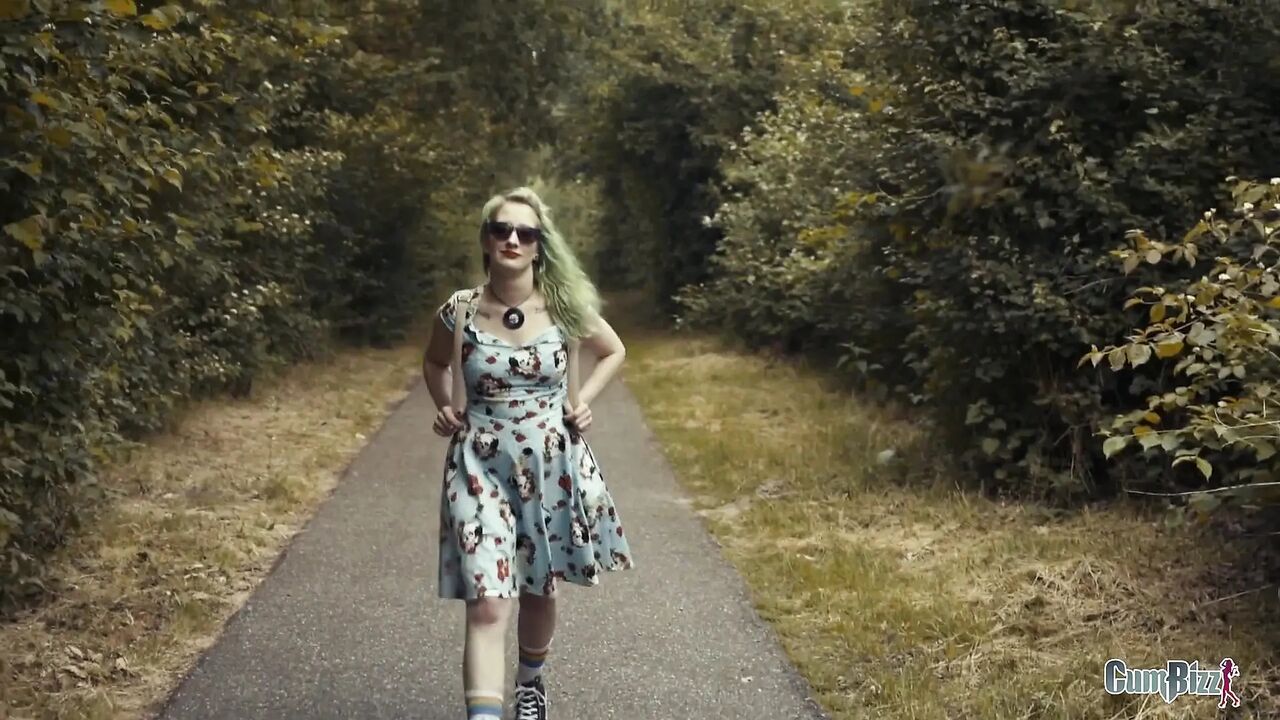Naughty college girl walks in the notorious woods full of flashers