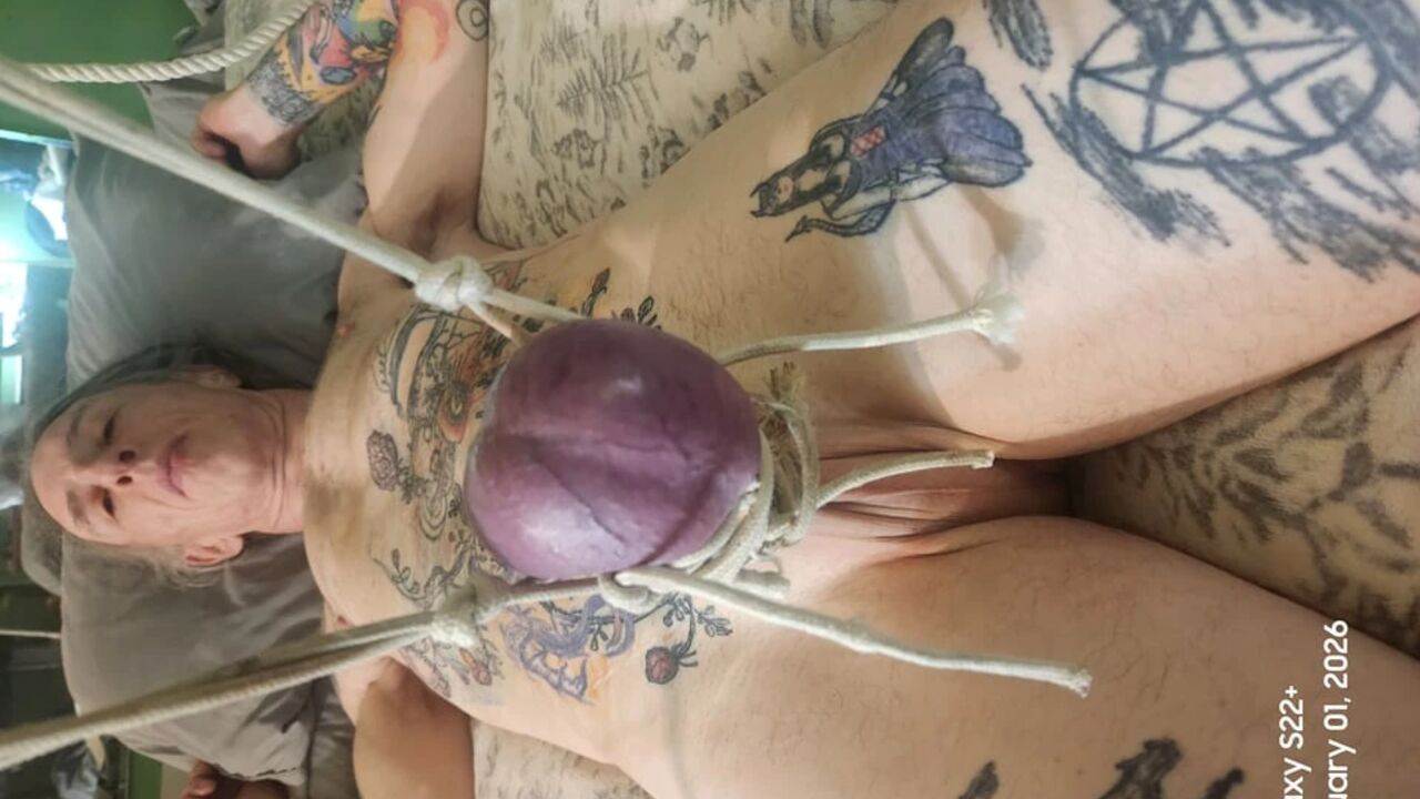 Goode Girl ties hubby's balls and cock to pulleys in the ceiling pt2