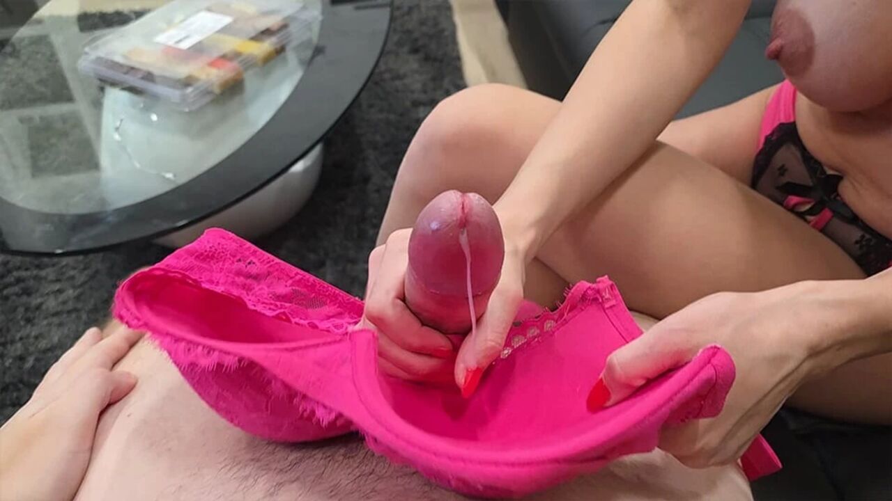 After fucking and titjob wife gave me amazing handjob with her bra