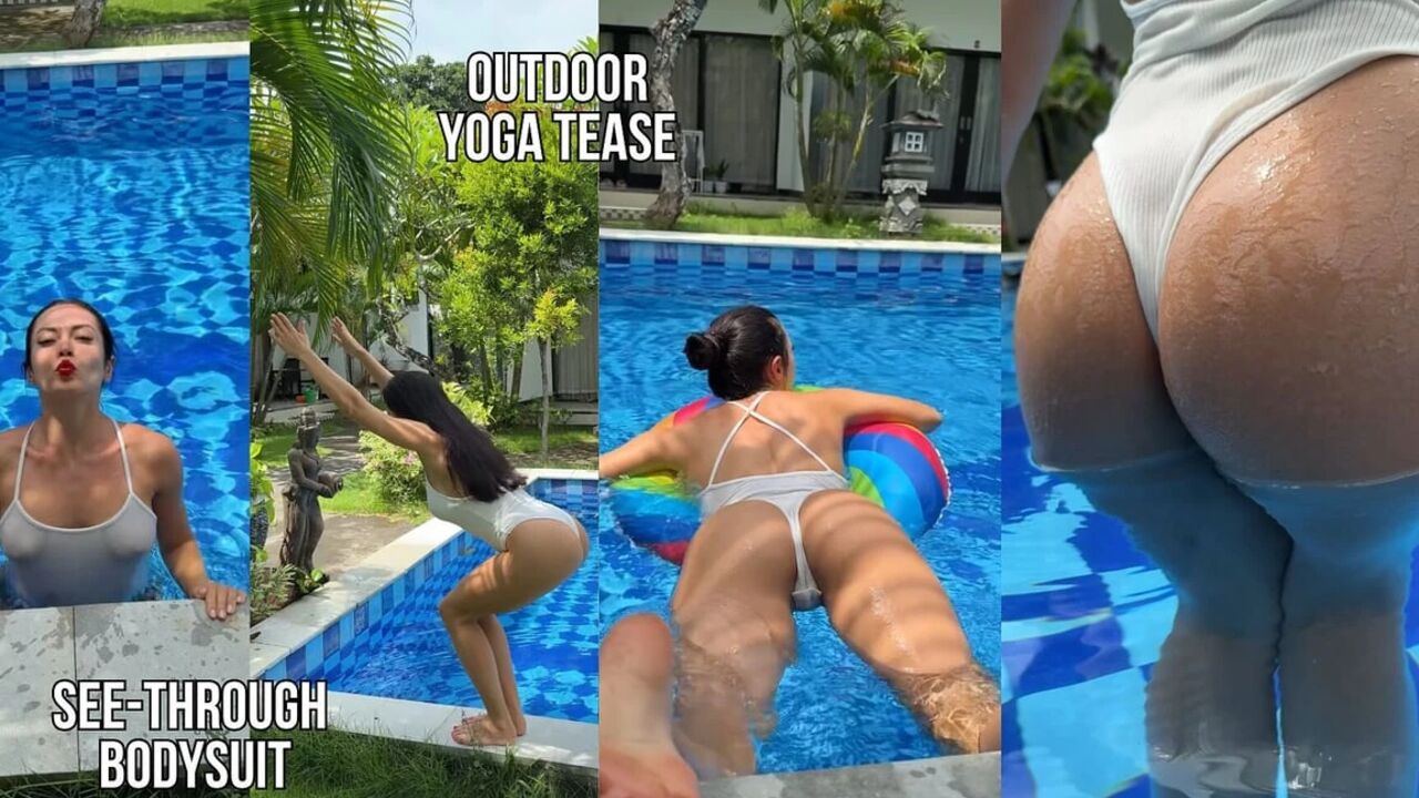 Outdoor Yoga Tree Pose & Tease in See-through Bodysuit in the Pool