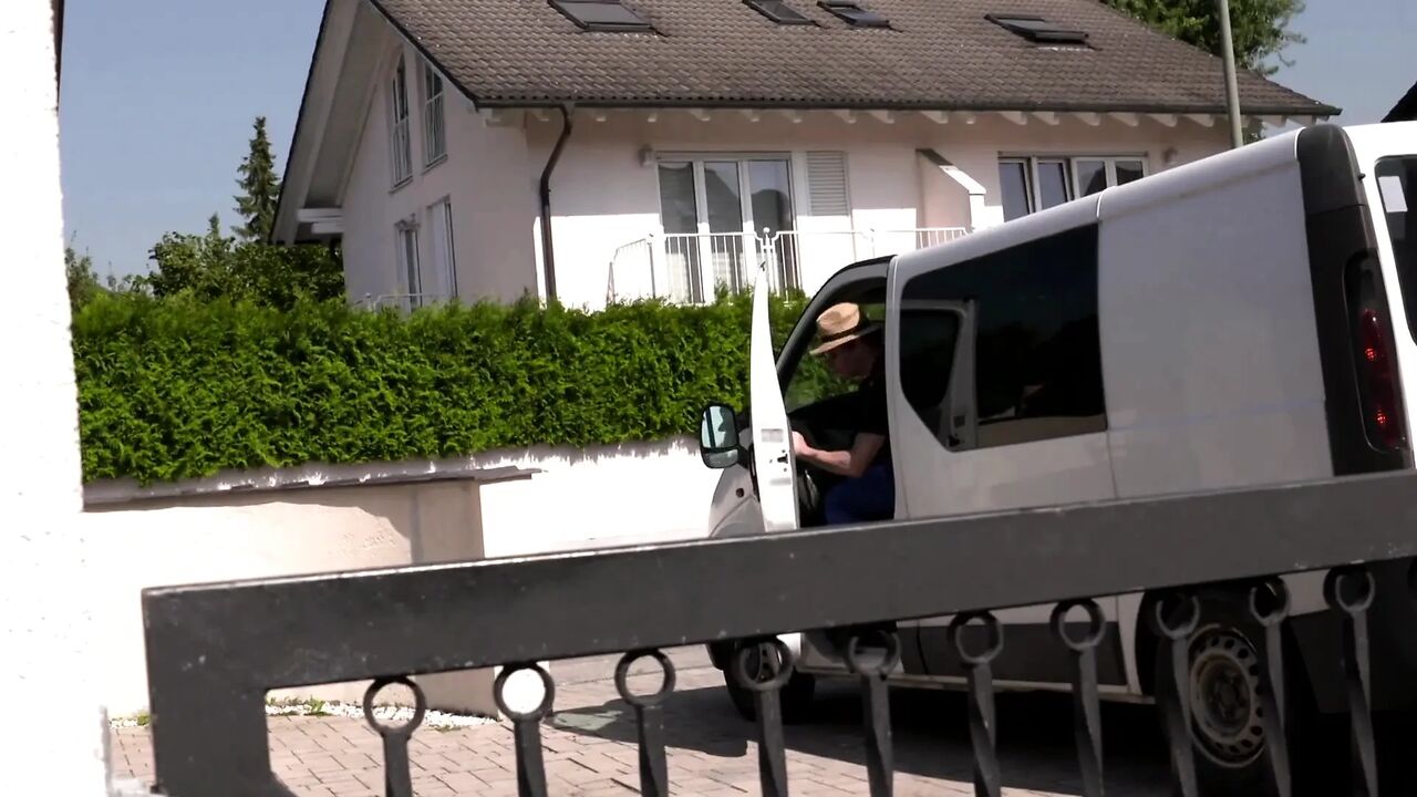 Sexy blonde with nice pussy gets fucked by the car in the garage