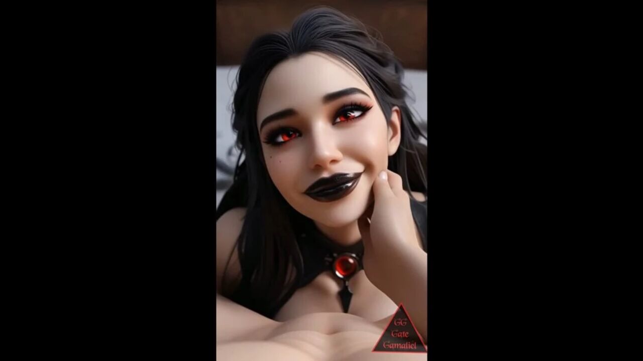 Red-eyed dark-haired sexy vampire – finger sucking, blowjob, anal fucking & cowgirl riding with fangs ( AI Generated )