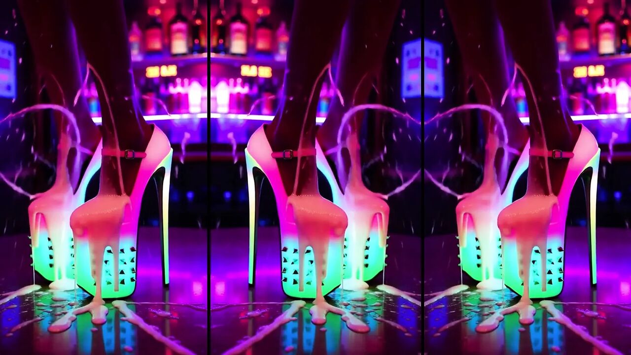 Hot high heels on a counter in a nightclub with messy cumshots on legs, feet and heels. AI-generated