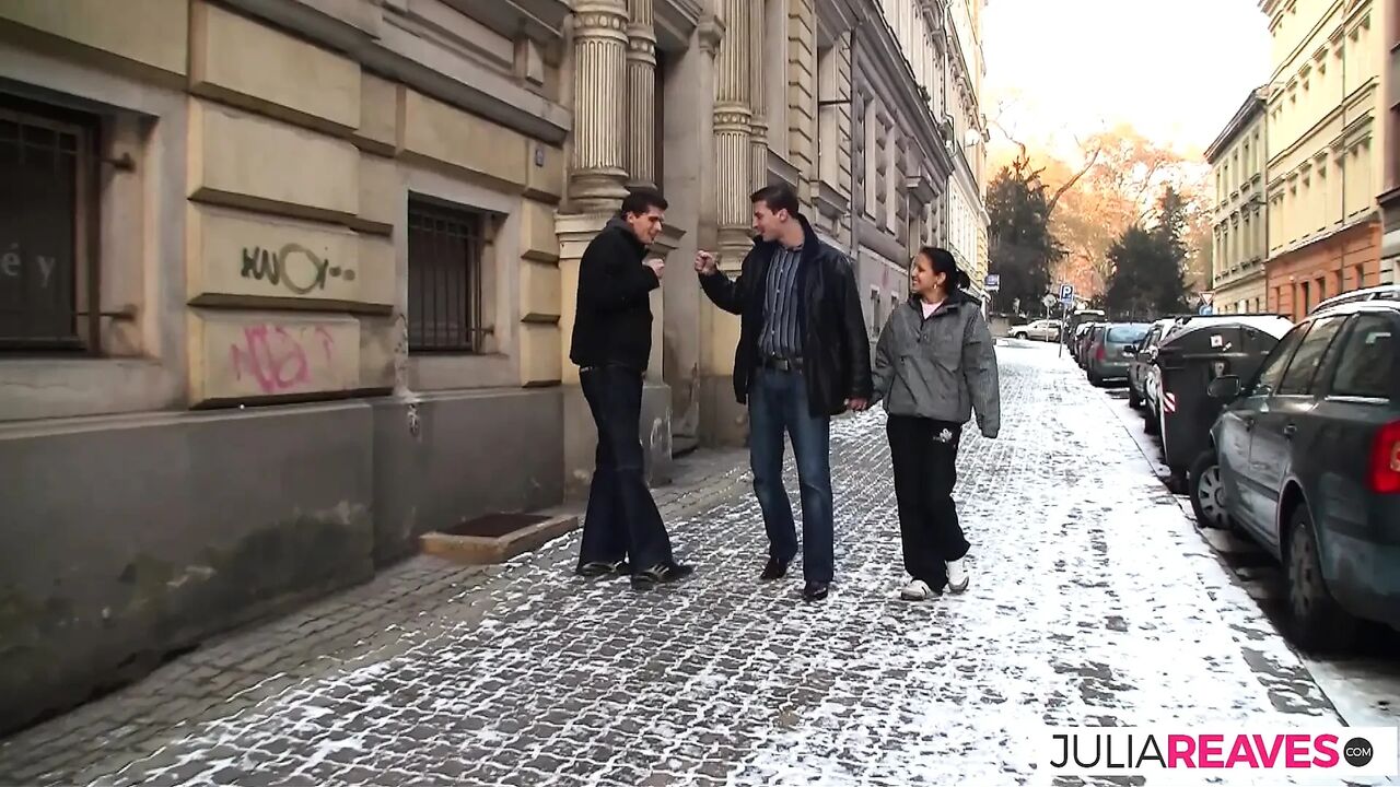 From Street to Bed, Hot Girl With Skinny Body Gets Double Fucked by Two Guys and Milks the Cocks