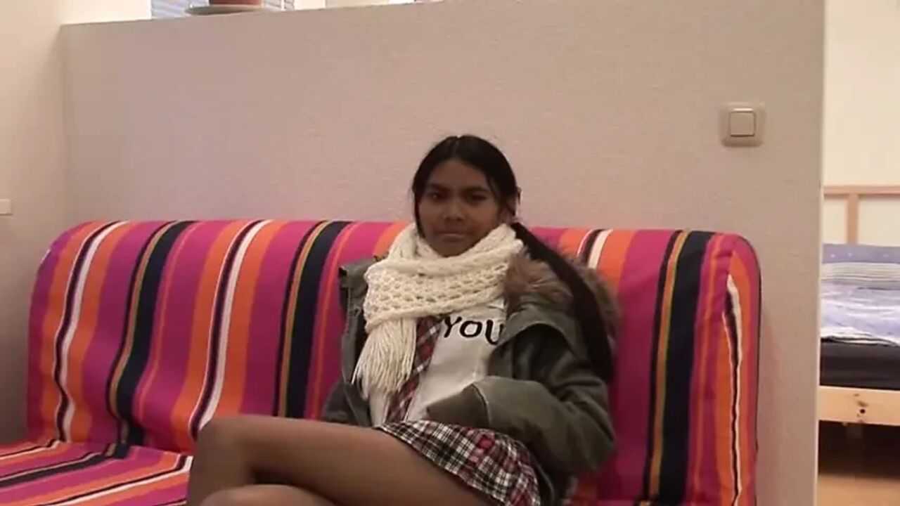 Shy asian teen with small tits dildoing her cunt