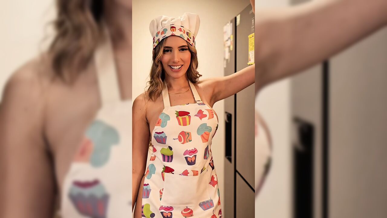 Horny beautiful maid shoves a thick cucumber into her tight pussy in her boss's kitchen