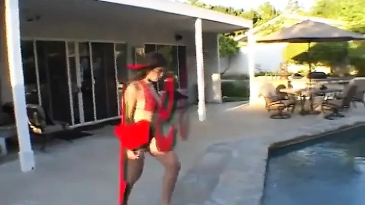 Brunette Slut Sucks to Big Black Cocks Poolside