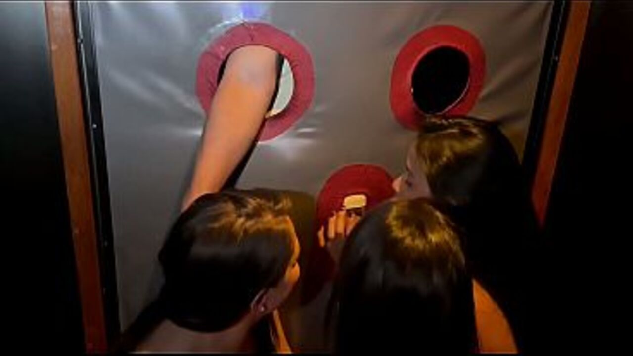 Four naughty sisters go to a swingers club and have sex with strangers without condoms in the glory hole, including cum in their vaginas - full version on Red