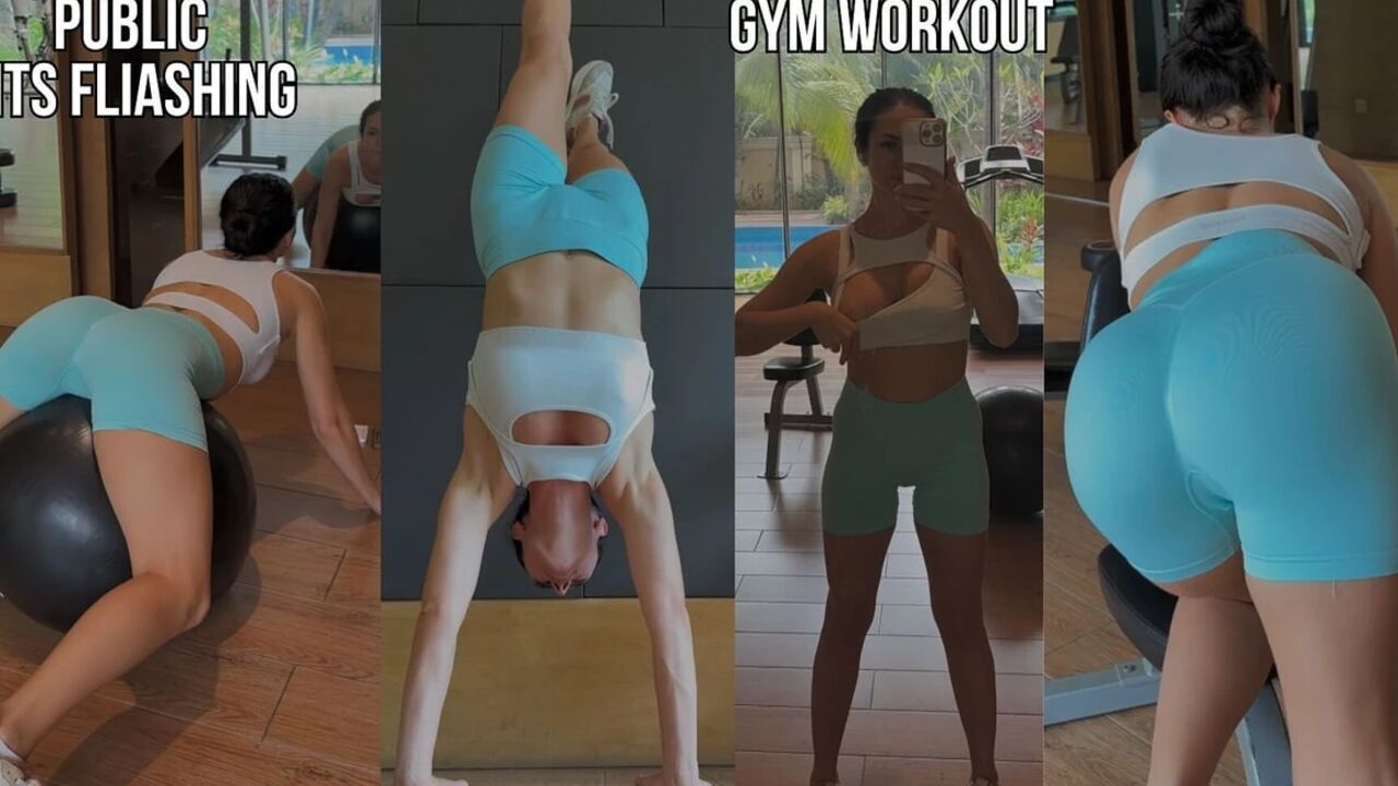 Sexy Workout, Jumping on a Ball, Tits Flash in a Public Gym