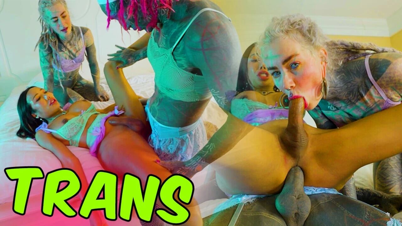 Gaping Double Anal Threesome with tattoo Girl and Two Tranny sluts - Facial & ATM