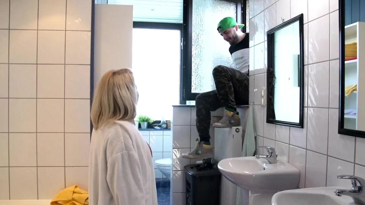 Lucky tattooed MILF fucked hard in the bathroom