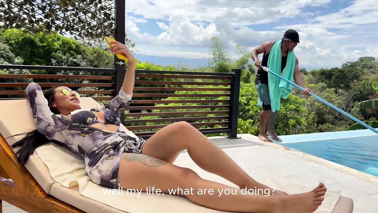 Huge Breasted Latina Brunette Can't Resist Fucking Big Black Cock Guy by the Pool.