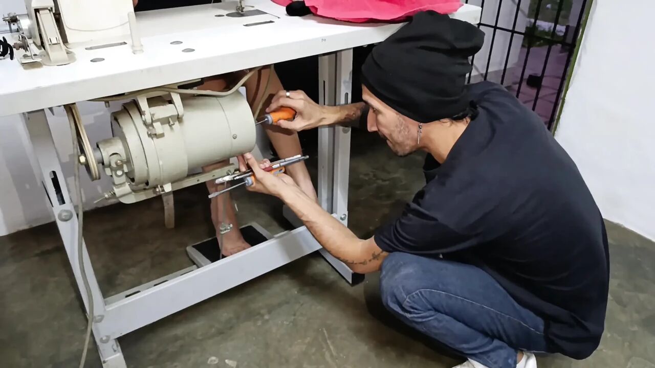 While I Pump the Pedal of My Cooking Machine in Panties This Man Looks at Me and Repairs the Machine
